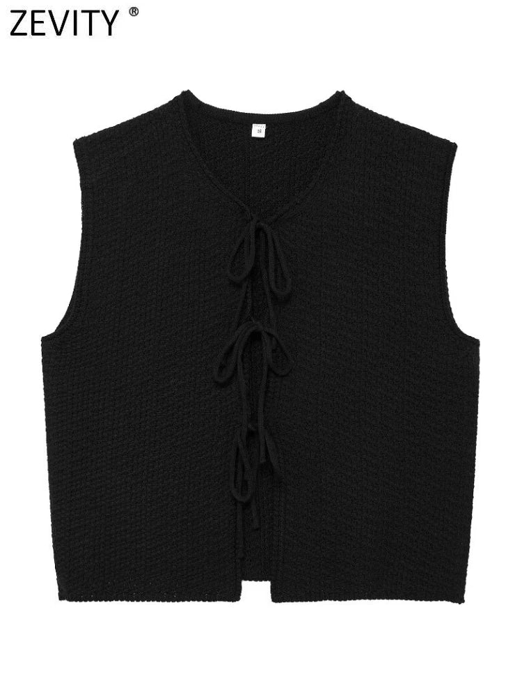 Zevity Women Euro Style V Neck Solid Sleeveless Bow Short Vest Jacket Ladies Retro Knitting Cardigan Slim WaistCoat Tops CT6203 Viralgem Store