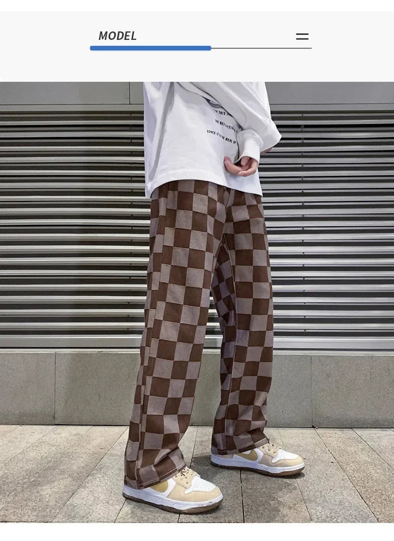 2024 Spring New Men's Brown Check Print Baggy Jeans Korean Fashion Streetwear Denim Straight Pants Male Brand Trousers