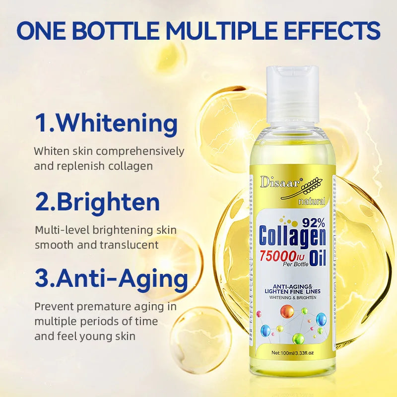 100ml 92% Collagen 75000IU Youthful Glow Oil Lighten Fine Lines Brighten Body Serum Dry Skin Hydrating Plumps, Lifts Massage Oil