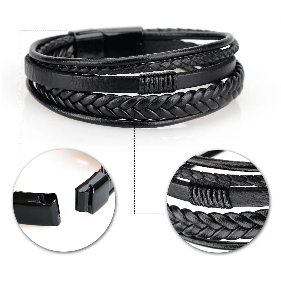 Trendy Leather Bracelets For Men Stainless Steel Bracelet 21CM Multilayer Braided Rope Bracelets for Male Jewelry Gifts Viralgem Store