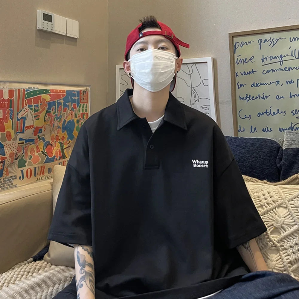 Trendy Polo Shirt Loose Fit Casual Men's Lapel Top Hk Style Hip Hop Short Sleeve T-shirt Fashion Outerwear