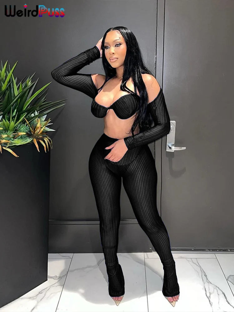 Weird Puss Summer Trend 3 Piece Set Women Spike Mesh Crop Tops+Bandage Bra+Leggings Tight Matching Vacation Streetwear Outfits Viralgem Store