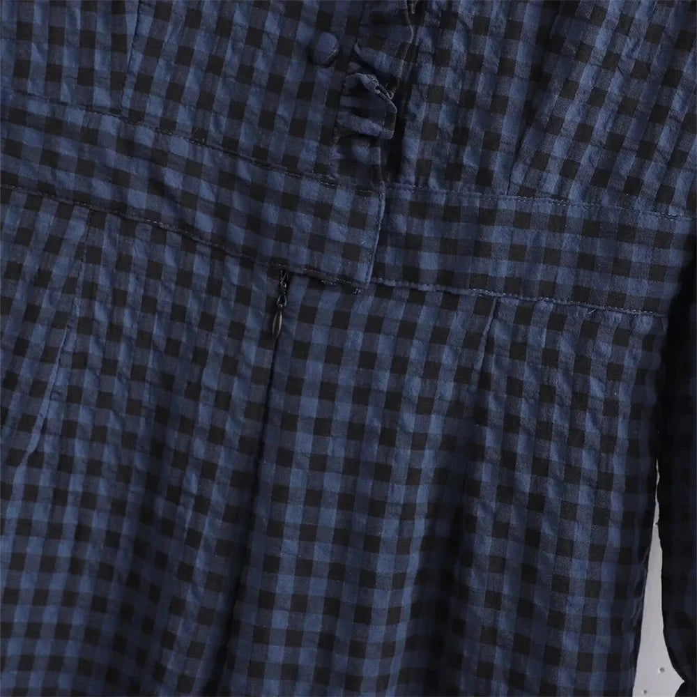 Spring New Product Women's Casual Style Slim Fit Lace Collar Decoration Long sleeved Plaid jumpsuit Viralgem Store