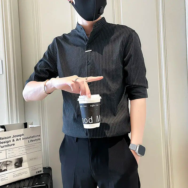 Striped Shirt 2025 New Men Summer Casual Thin Stand-up Collar Cardigan Five-sleeved Top Freshlook Styles