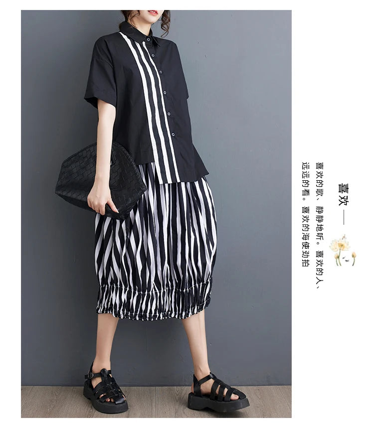 Summer Striped Print 2 Two Piece Set Women Irregular Patchwork Fashion Ladies Cropped Shirts Loose Casual Pleated Woman Skirts Viralgem Store