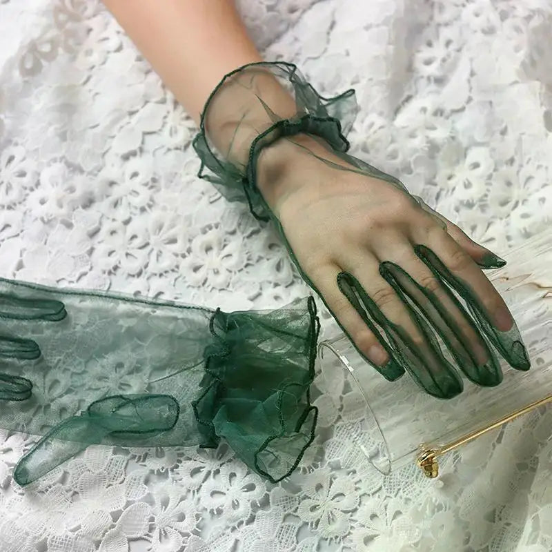 Women Short Tulle Gloves Sexy Lace Mittens Tulle Full Finger Gloves Lady Driving Glove Transparent Mittens Wedding Bridal Gloves