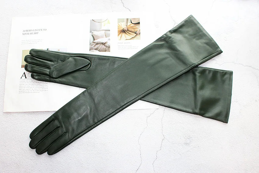 Touch Screen Extra Long Leather Sheepskin Gloves Women's Black Fashion Simple Straight Style Velvet Lining Winter Warm Sleeve