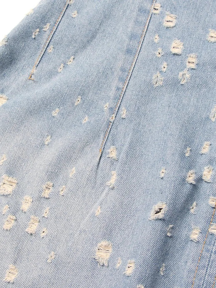 TWOTWINSTYLE Denim Hollow Out Dresses For Women Round Neck Sleeveless Tunic Patchwork Pockets Vintage Dress Female Fashion Style