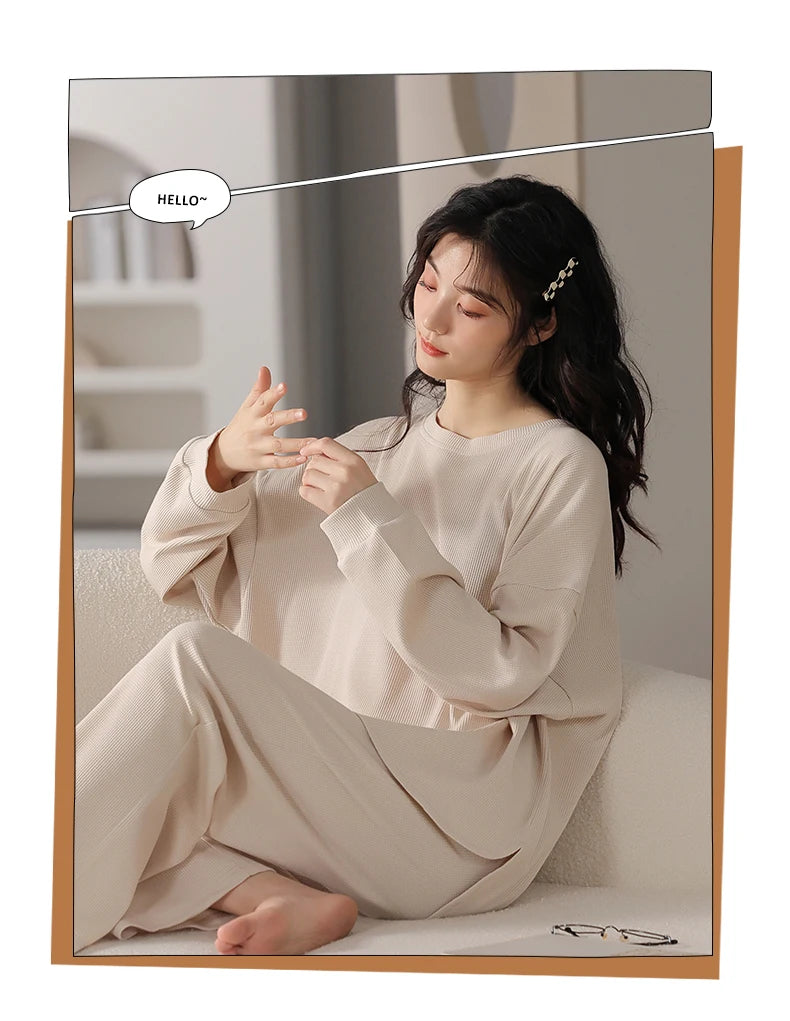 SUKAE Waffle Cotton Korean Minimalist Style Women Pajamas Spring Autumn Long Sleeves Lady Sleepwear Kawaii Round Neck Homesuits