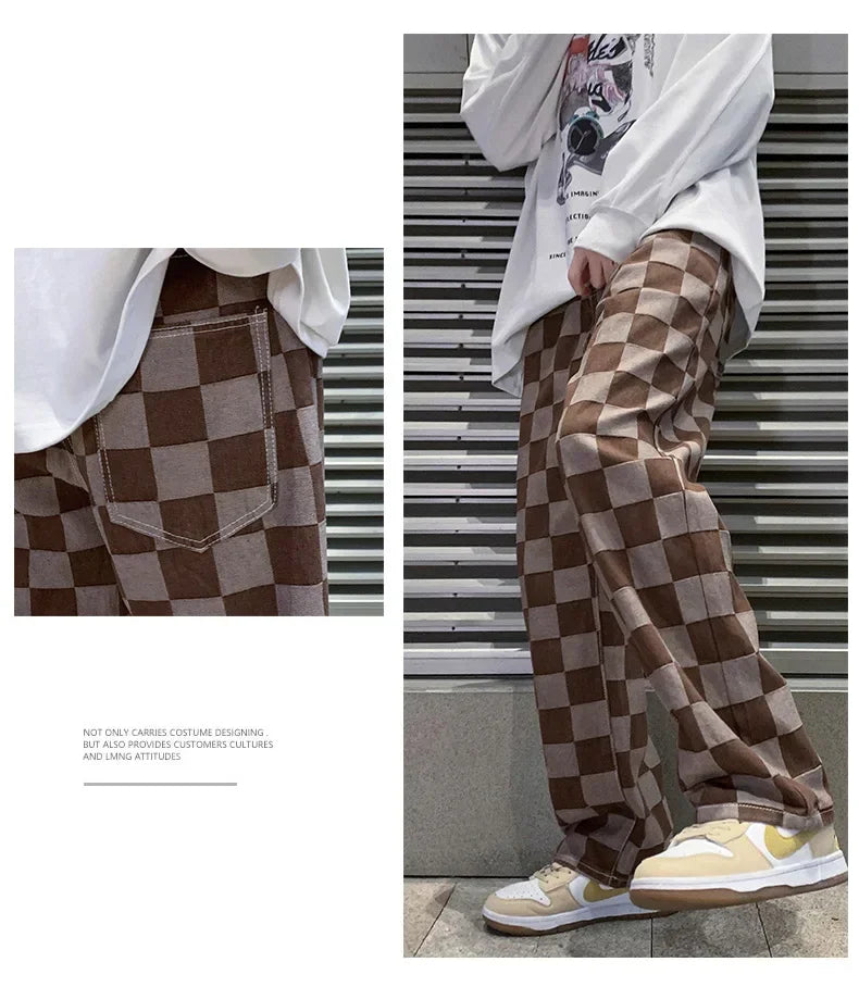 2024 Spring New Men's Brown Check Print Baggy Jeans Korean Fashion Streetwear Denim Straight Pants Male Brand Trousers