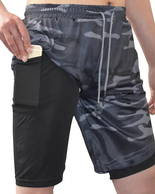 2024 European Men's Sports Summer New Double Layer Mobile Phone Pants Gym Exercise Jogging Training Shorts