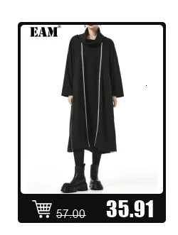 [EAM] Loose Fit Black Denim Big Size Sweatshirt New High Collar Long Sleeve Women Big Size Fashion Spring Autumn 2024 1K166