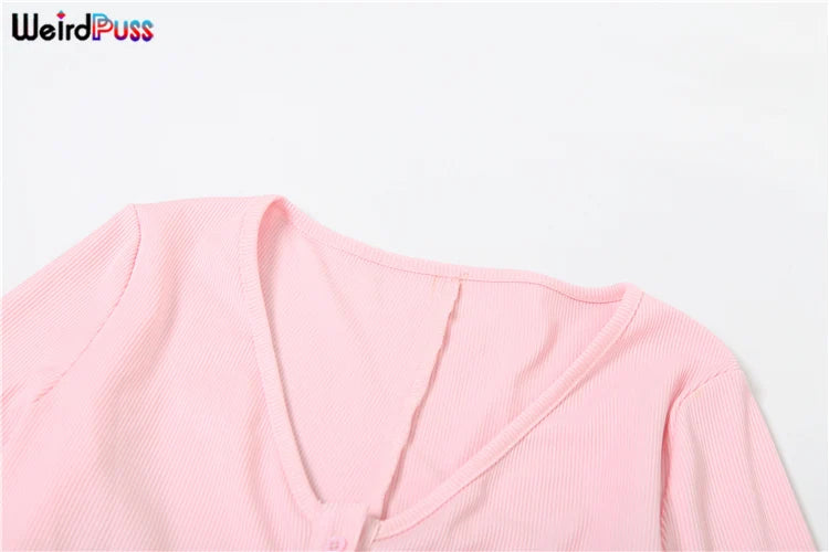 Weird Puss Fitness Button Low-Neck Casual Jumpsuit Women Autumn Fashion Ribbed Stretch Full Sleeve Basic Body-Shaping Overalls