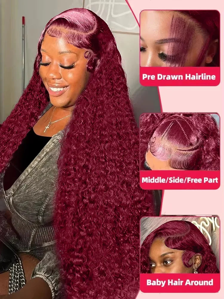 250 Density 13x4 Curly 99J Burgundy Lace Front Wig Red Wine 30 Inch Deep Wave Brazilian HD Glueless Lace Frontal Human Hair Wigs Viralgem Store