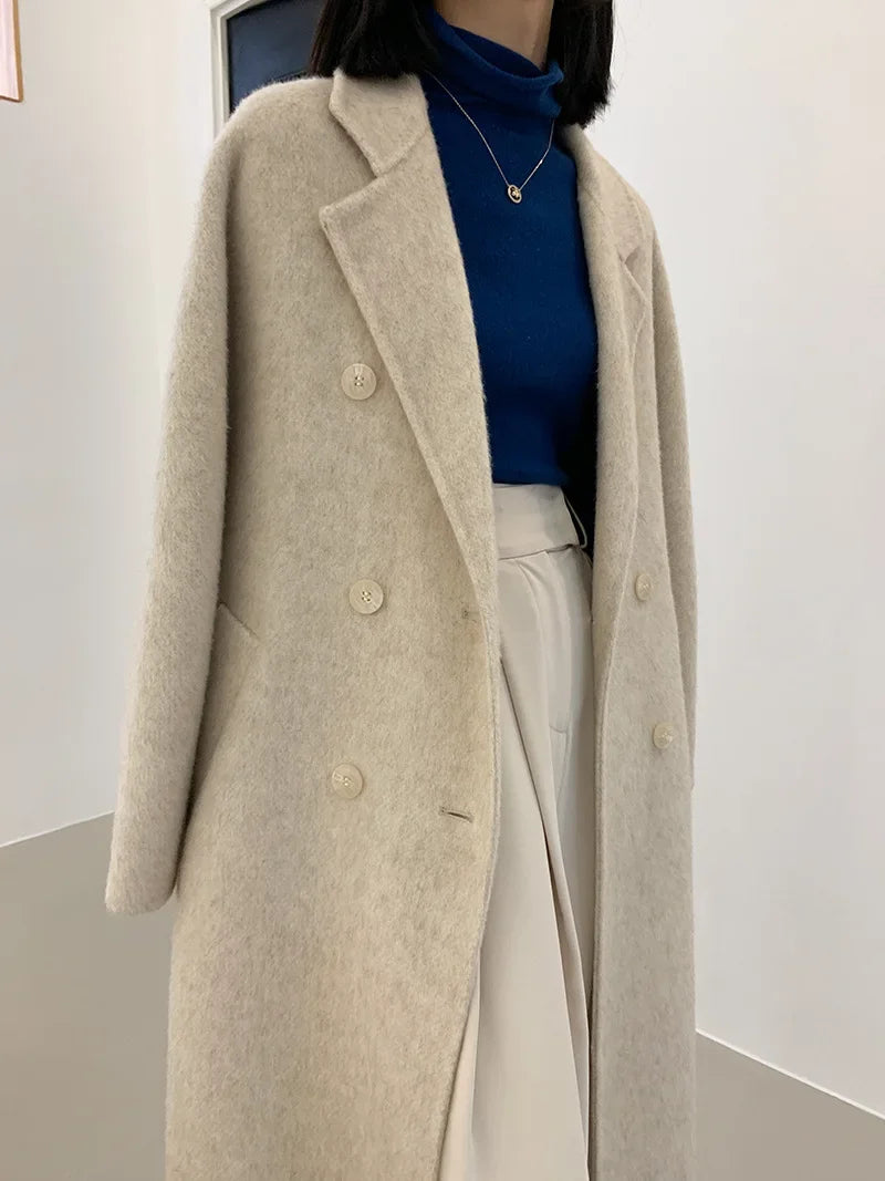 2024 Autumn Winter Wool Coat Women Double-breasted Solid Color Women's Double-sided Woolen Belt Coats Loose Warm Wool Jacket