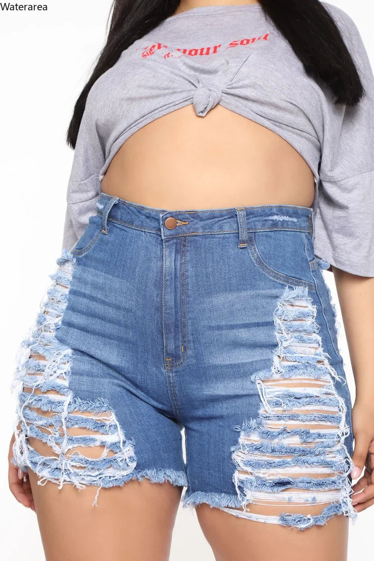Waterarea S-5XL Women Summer High Waist Zipper Fly Hollow Out Sexy Hole Denim Shorts Casual Tassel Hem Short Jeans