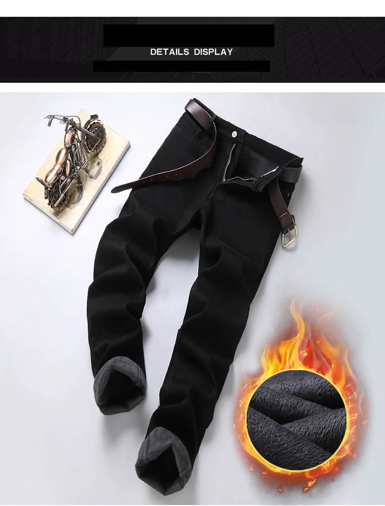 2025 Winter Warm Denim Casual  Fleece  Jeans Men Elasticity  Slim Fit Stretch Thick Velvet Pants Black Grey Blue Jeans