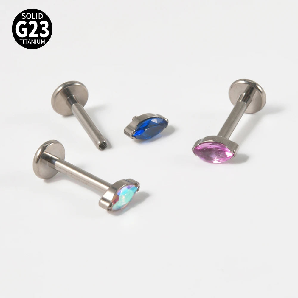 1PC ASTM F136 Titanium Marquise Labret CZ Zircon Ear Tragus Cartilage Flat Back Earring Piercing Internally Thread Body Jewelry