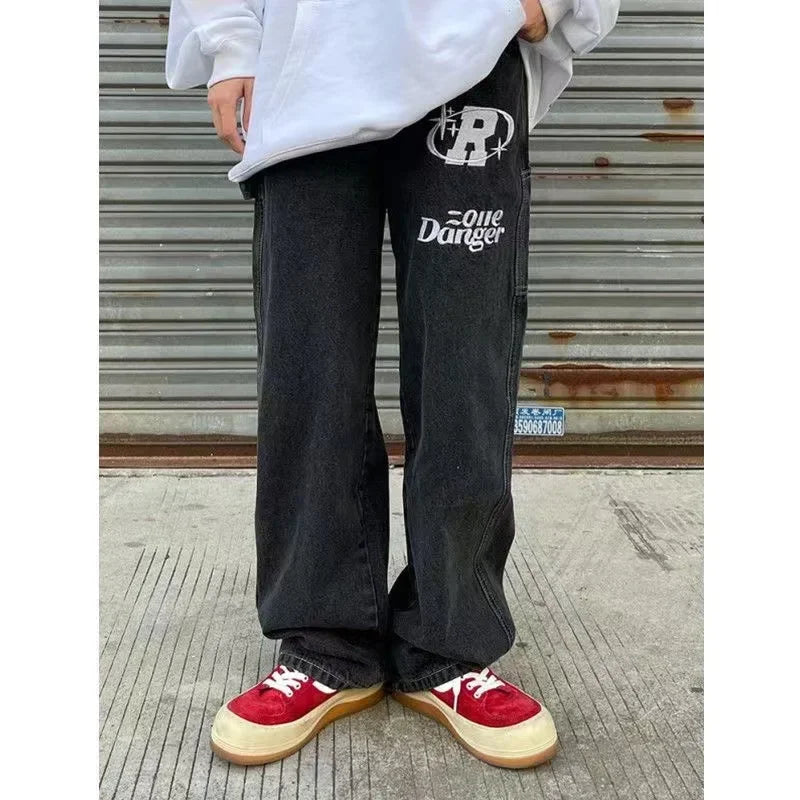 Y2K Women Fashion Streetwear Casual Letter Print Straight Wide Leg Pants Baggy Denim Trousers Men Low Rise Jeans Clothes