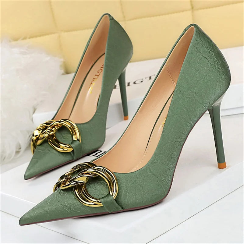 Women 7.5cm 9.5cm High Heels Escarpins Pumps Lady Metal Chain Low Heels Fetish Nightclub Slim Fit Party Green Office Prom Shoes