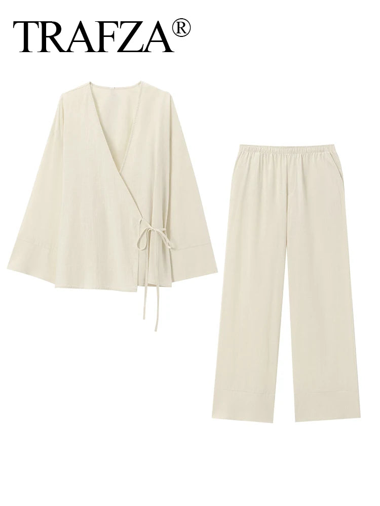 TRAFZA 2024 Women Fashion Solid Shirt Pant Set Asymmetric Laced Up Blouse Top+Elastic Waist Loose Wide Leg Pant 2 Piece Suits