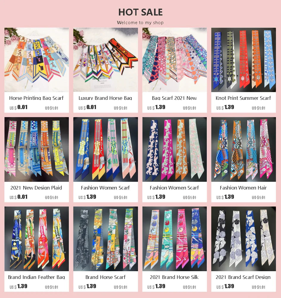 2024 Brand New Design Owl Scarf Women Luxury Silk Scarf Fashion Hair Headband Foulard Skinny Bag Scarves Neckerchief For Ladies