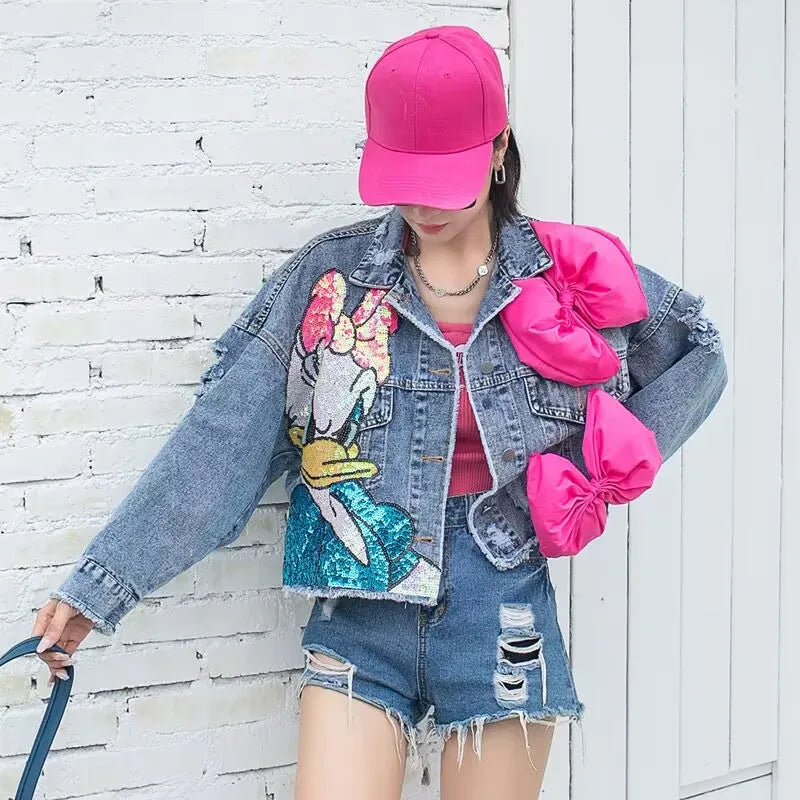 2024 New Women Coat Cartoon Sticker Embroidered Sequin Short Denim Jacket Loose Bowknot Top