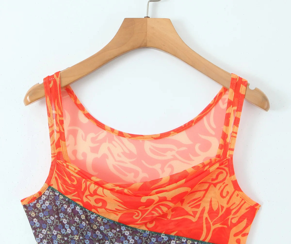 2024 Sexy Ruched Square Collar Contrast Color Plaid Flower Print Sleeveless Mini Mesh Dress Women Packages Hips A-line Tank Robe