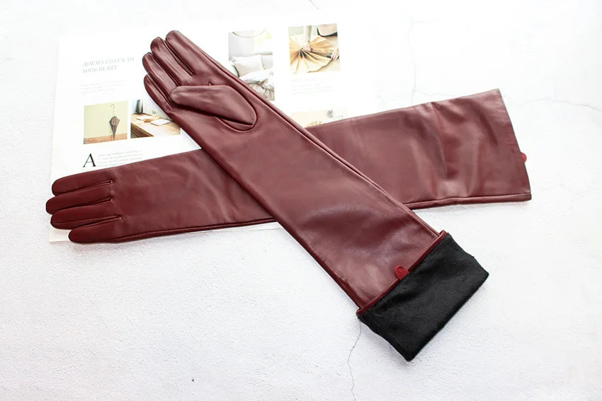 Touch Screen Extra Long Leather Sheepskin Gloves Women's Black Fashion Simple Straight Style Velvet Lining Winter Warm Sleeve