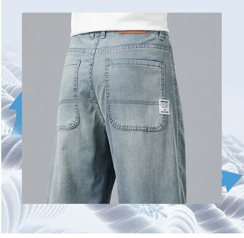 2025 New Summer Ultra-thin Lyocell Men's Jeans Drape Soft Fabric Loose Straight Casual Denim Pant Elastic Ice Silk Male Trousers