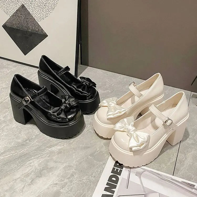 White Round Toe Platform High Heels Women Mary Jane Shoes Retro Bows Elegant Chunky Heel Women's Wedding Shoes Viralgem Store