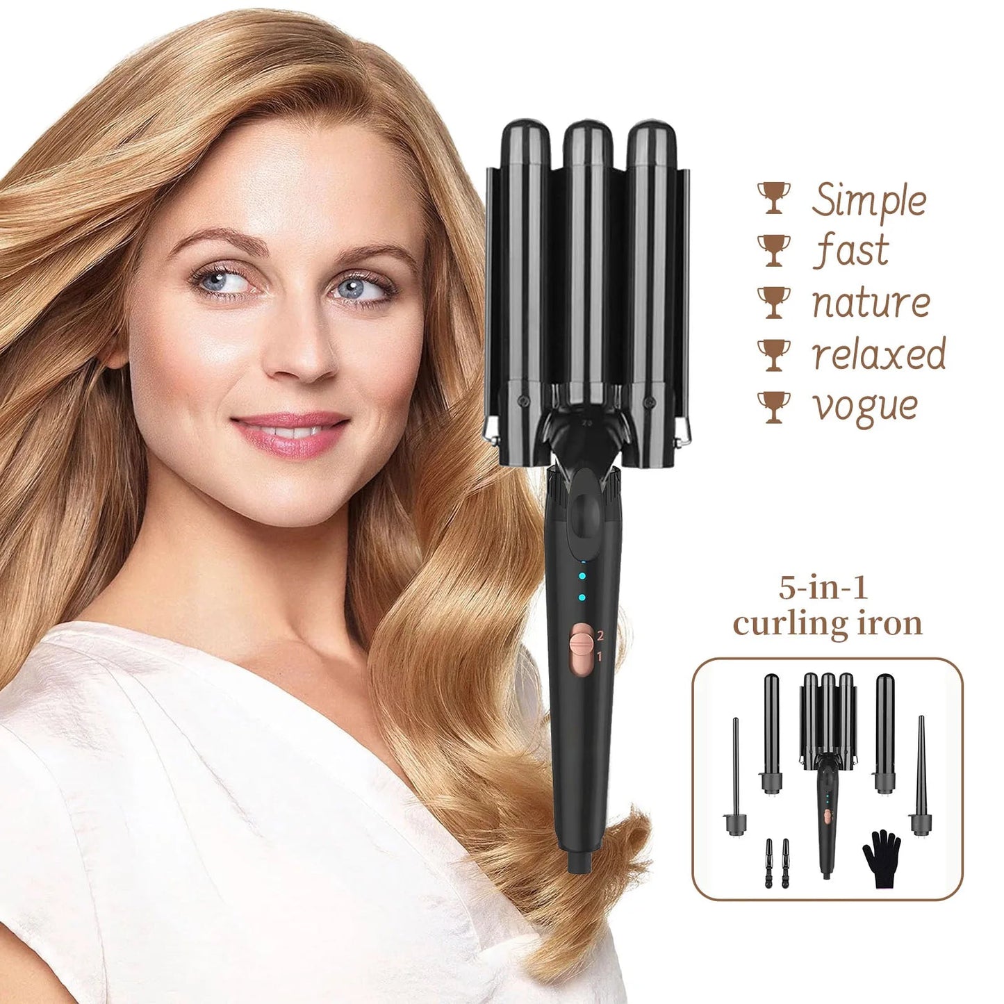 5 in 1 Curling Iron Set with Curling Brush, 0.35”-1.25” Hair Curler Wand for Hairstyle and Heat Resistant Gloves and Hair Clips Viralgem Store