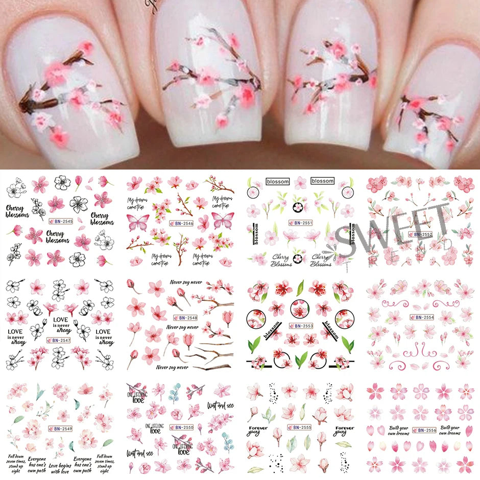 12 Design Floral Nail Art Stickers Water Decals Transfer Summer Painting Flower Leaf Rose Manicure Decoration Nail Sliders Wraps
