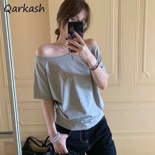T-shirts Women Niche Design Off Shoulder Solid Short Sleeve Summer Chic Loose Casual Daily Simple Sexy Korean Trendy Street Tops Freshlook Styles