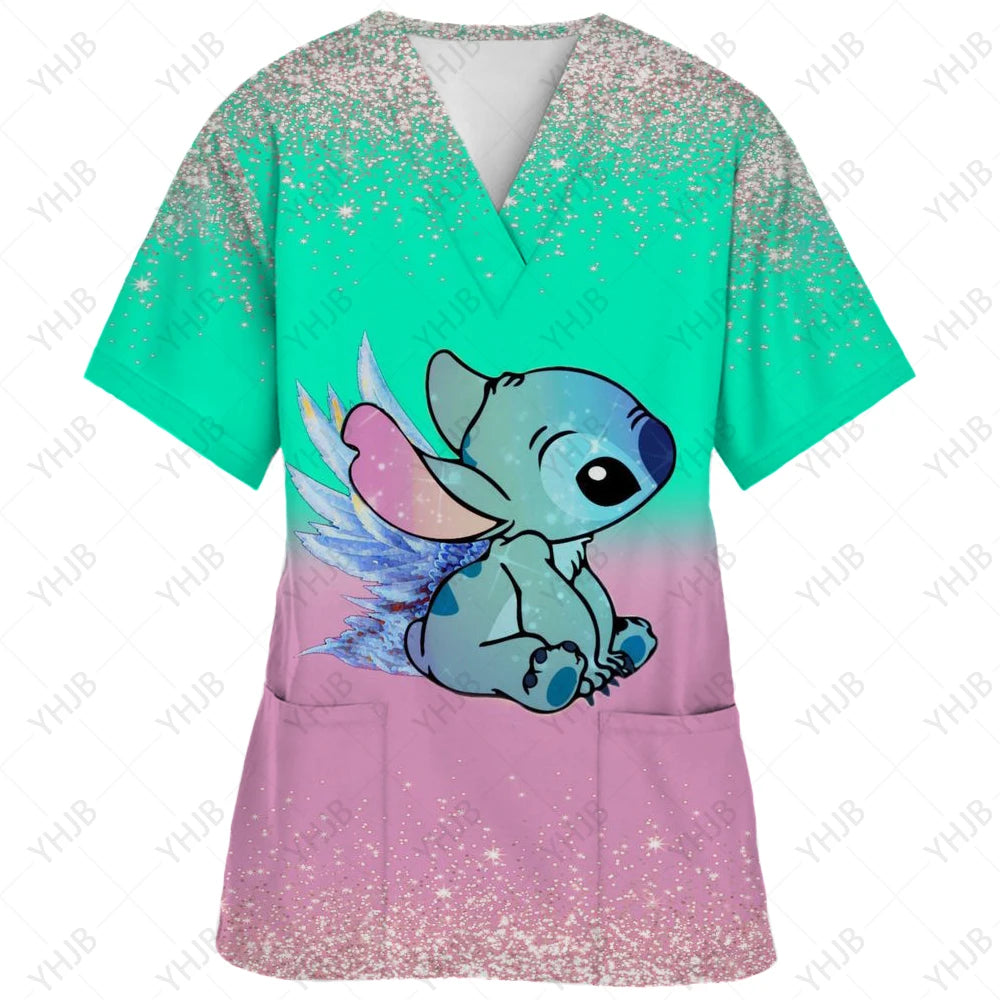 Top Women 2024 Minnie Mouse Tops Disney T Shirt Pocket T-shirts Hospital T-shirt Summer Nurse Uniform Woman Clothes Mickey Tees