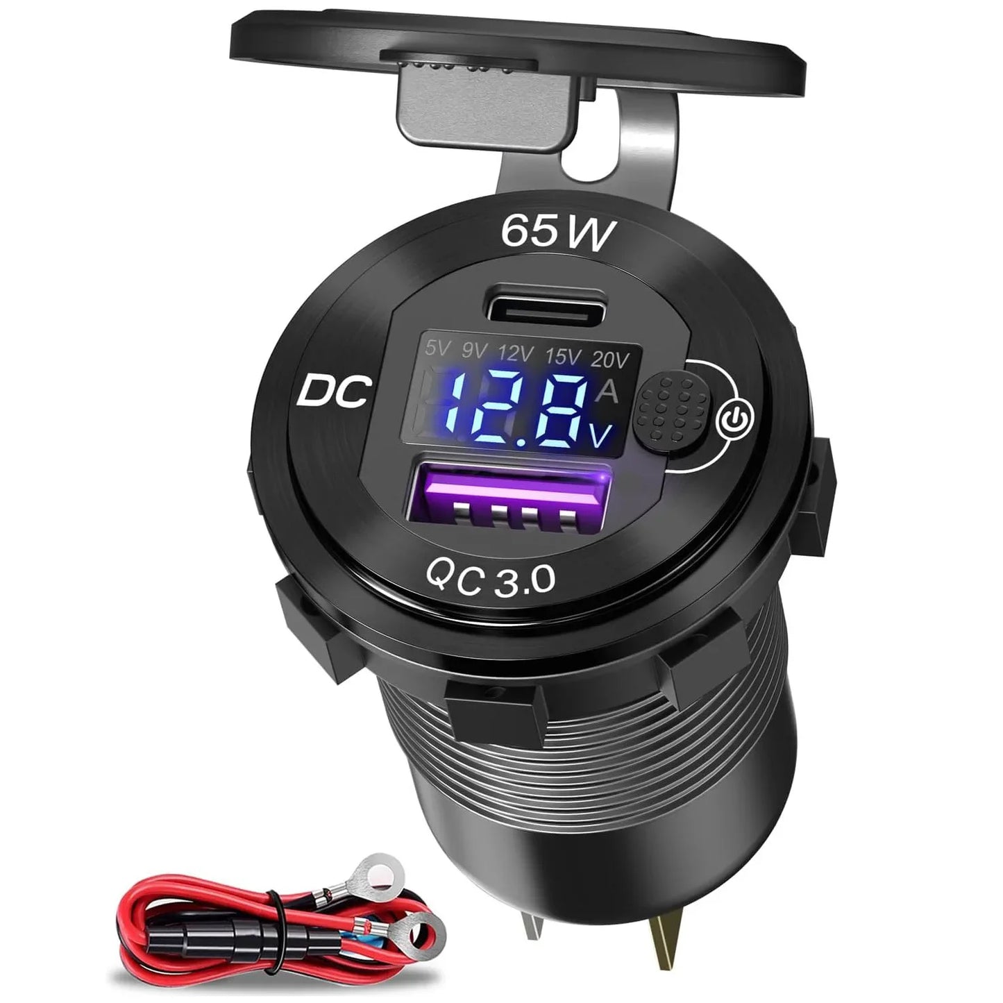 12V/24V USB Car Charger Power Socket with Switch PD and QC3.0 Fast Charging Charger for Car RV Boats Motorcycle