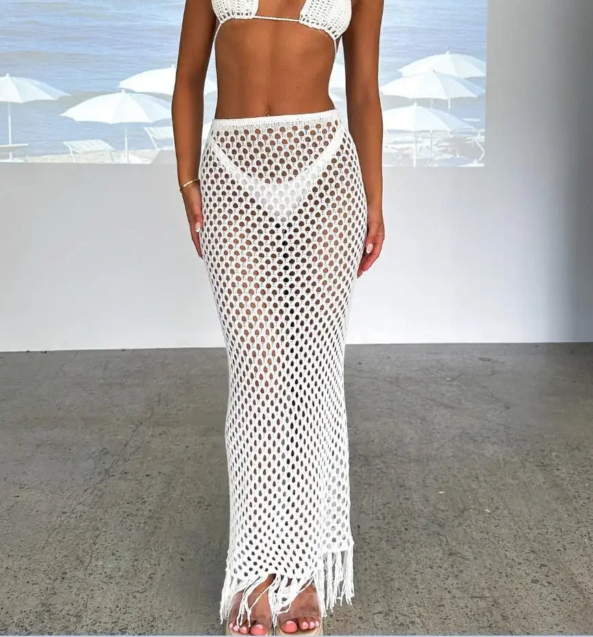 Yiiciovy Women's Sexy Holiday Bikini Cover-Ups Beach Hollow Out Fishnet Tassels Skirts Sexy Lady See Through Beach Long Skirts