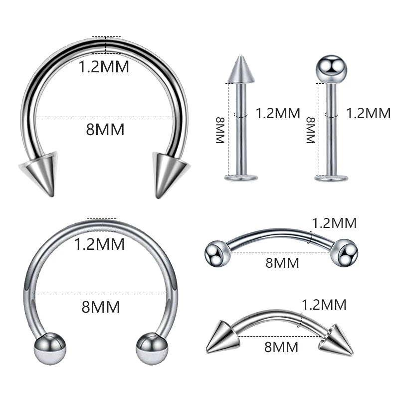 12PC Titanium Tragus Piercing Nose Earring Septum Labret Lip Ring Cartilage Industrial Tongue Barbells Eyebrow Body Jewelry