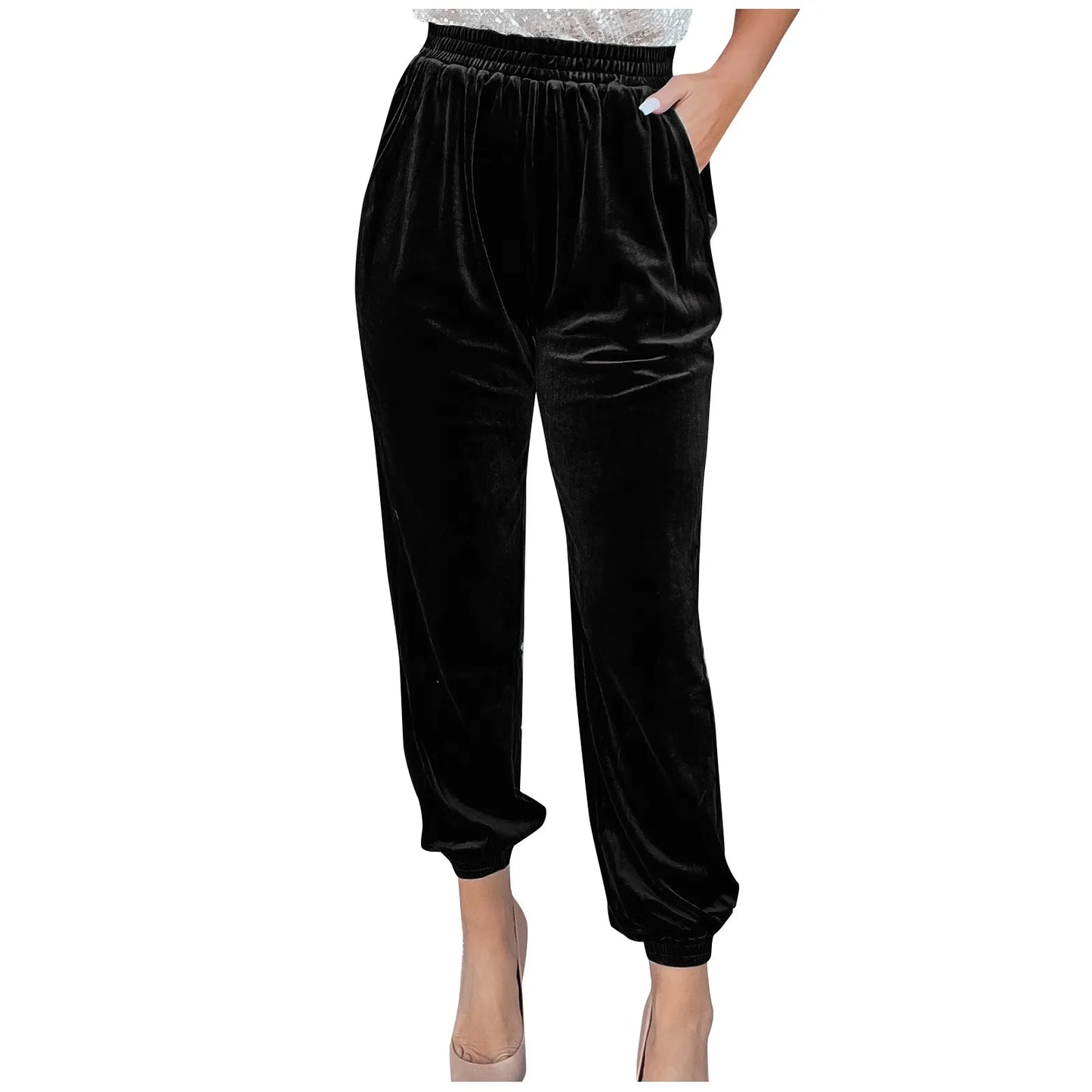 Women's Velvet Pants High Waist Loose Wide Leg Pants Casual Elastic Waist Velour Long Trousers with Pockets