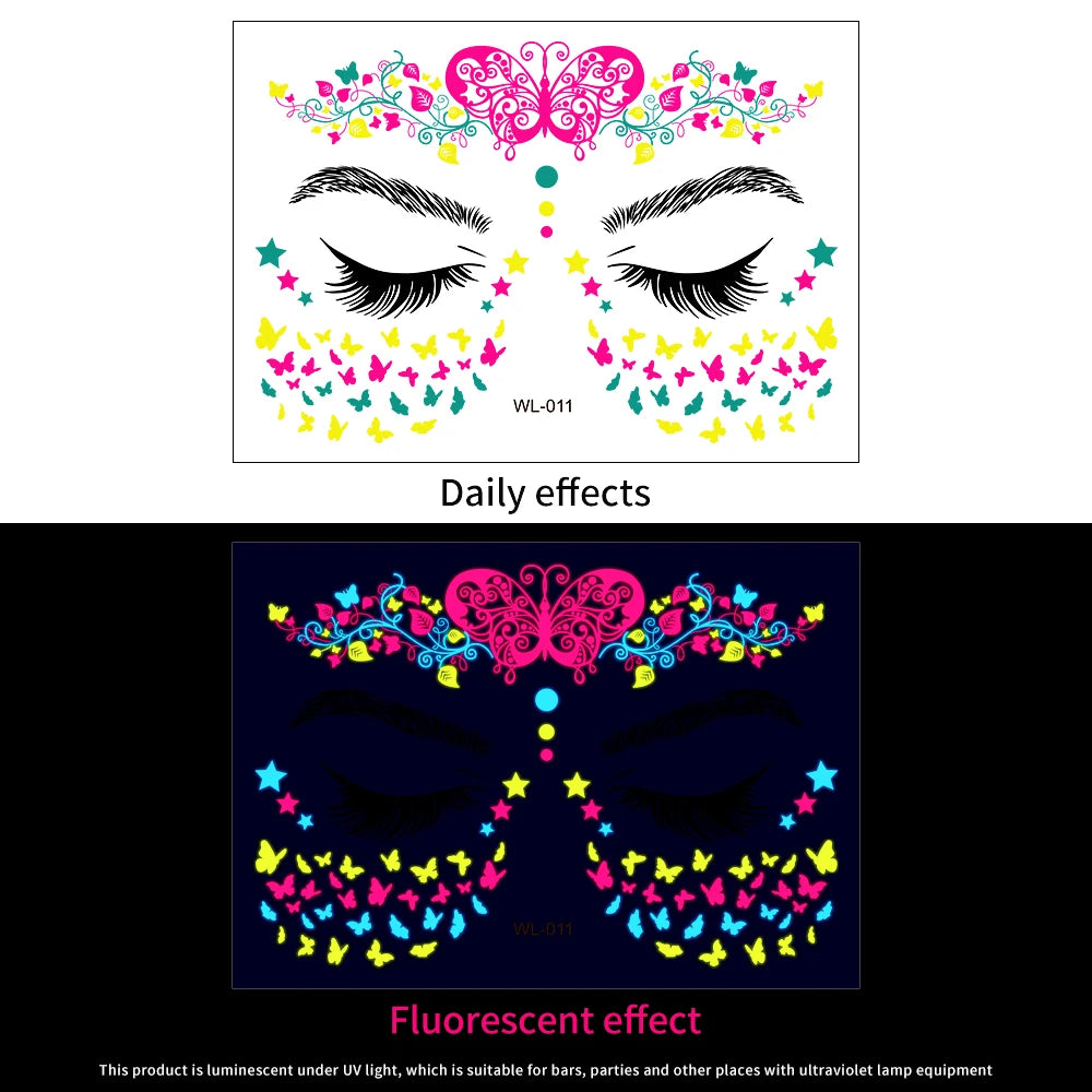 1Pcs Halloween Fluorescent Face Stickers 12-Styles Feather/Flowers/ButterflyDesign Tattoo Sticker Waterproof Glowing Face Decals Viralgem Store