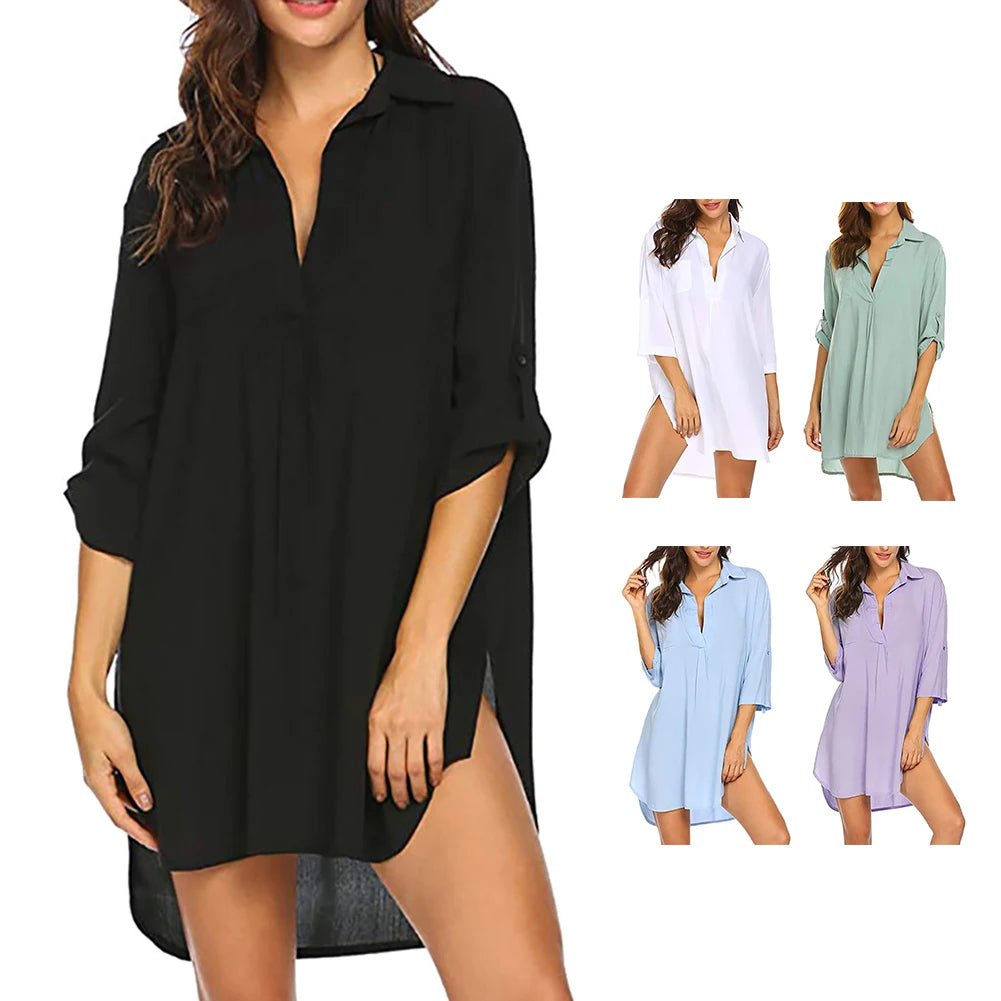 Summer Dress Shirts Beach Holiday Casual Chiffon Comfortable Cover Up Deep Flexible Sun Protection