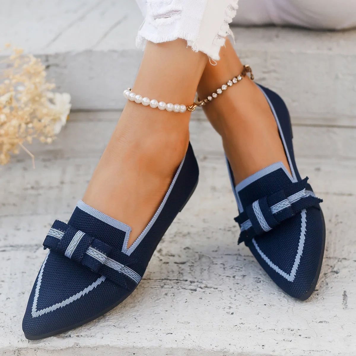 Women Flats 2024 New Knitted Slip Breathable Comfortable Solid Color Shoes Casual Pointed Toe Walking Loafers Sneakers Women Viralgem Store
