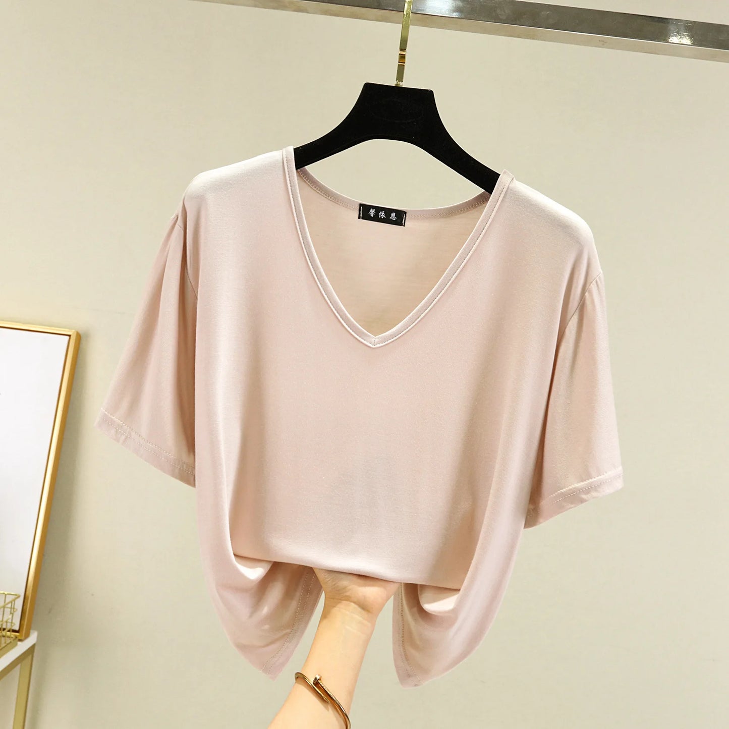 Women's T-shirt Modal V-Neck Short sleeves Tops Summer Casual T Shirts  Solid color Loose basic Bottoming Tees