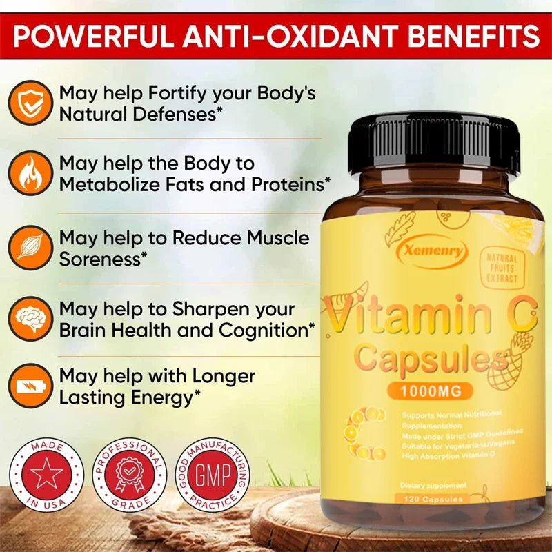 Vitamin C Capsules 1000mg - Immune System and Collagen Booster, Skin Health, AntioxidantSupplements