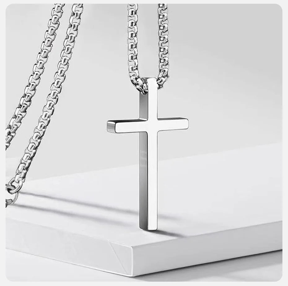 Vnox Cross Necklace for Men Women, Silver Color Plain Cross Pendant Collar with Stainless Steel Box Chain Viralgem Store