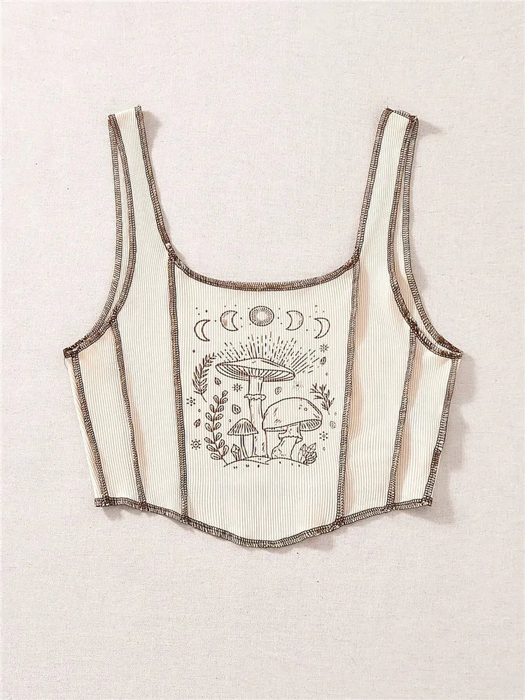 2000s Y2K Clothes High Street Plant Print Graphic Tank Top for Women Summer Grunge Sleeveless Square Neck Crop Top Streetwear Viralgem Store