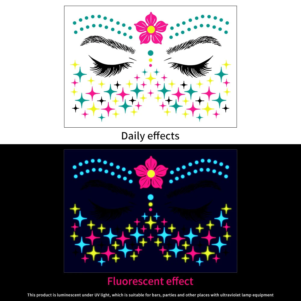 1Pcs Halloween Fluorescent Face Stickers 12-Styles Feather/Flowers/ButterflyDesign Tattoo Sticker Waterproof Glowing Face Decals Viralgem Store