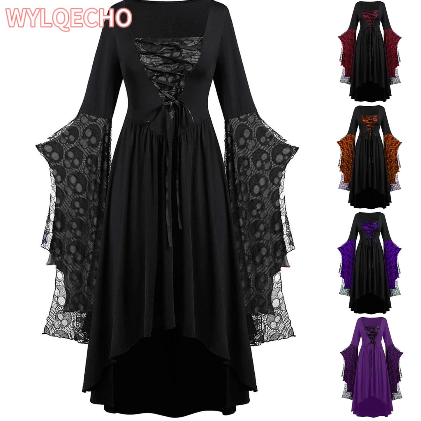 Vintage Halloween Cosplay Costume Witch Vampire Gothic Dress Ghost Dresses Up Party Printed Medieval Ghost Bride Female Clothes Viralgem Store