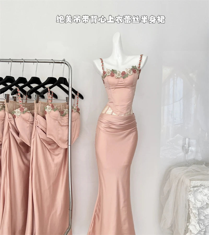 Women's Pink Skirt Sets Vintage Long Skirt Off Shoulder Lace Crop Top Y2k Korean Elegant 2000s New Matching Sets Clothes Summer