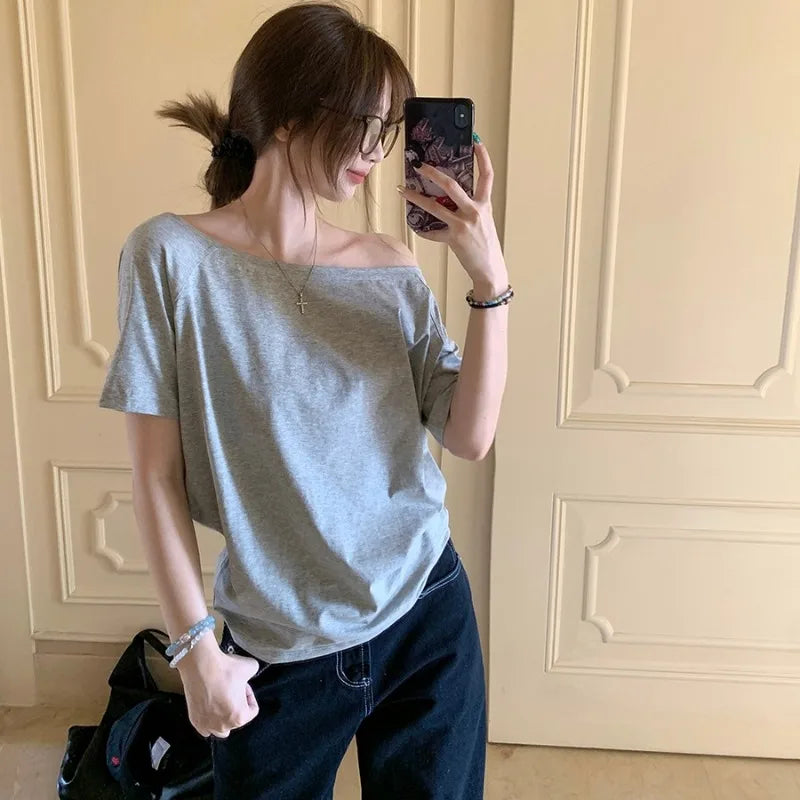 T-shirts Women Niche Design Off Shoulder Solid Short Sleeve Summer Chic Loose Casual Daily Simple Sexy Korean Trendy Street Tops Freshlook Styles
